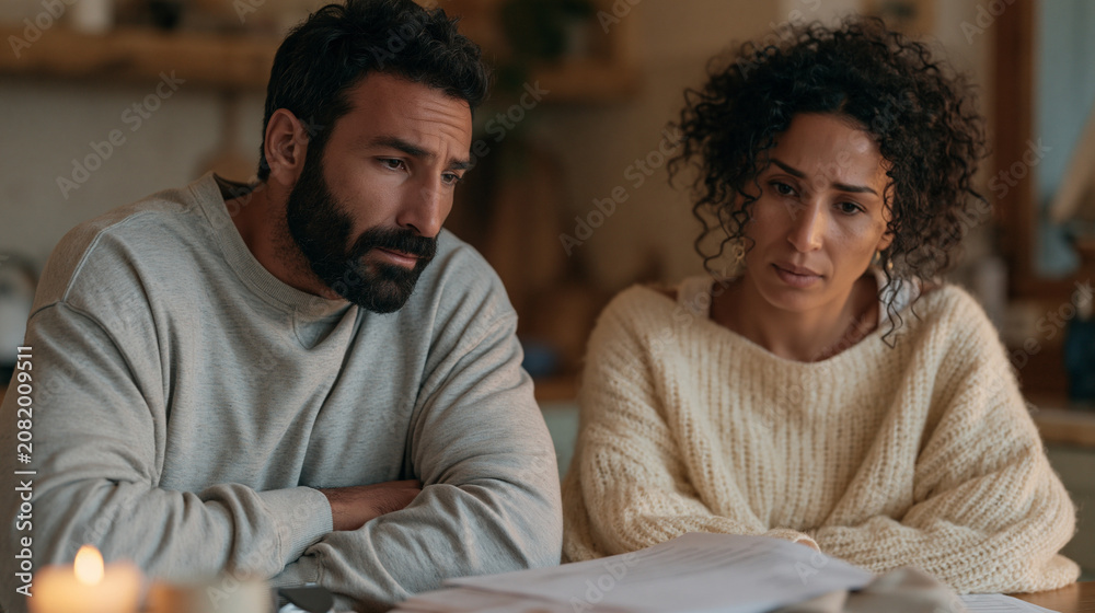 Obraz premium Berber American couple sitting at a kitchen table studying a real estate market decline report spread before them, worried body language, modest home setting, autumn afternoon