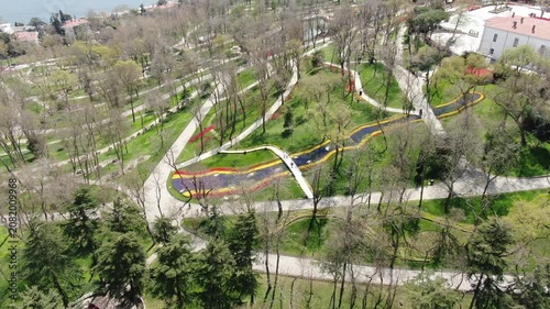 Aerial view of the Bosphorus with tulips; view of the Turkish flag; general aerial view of Istanbul