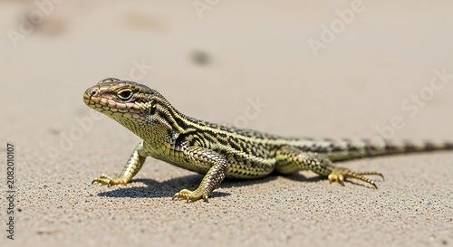 A small, green and yellow lizard with black stripes on sandy ground