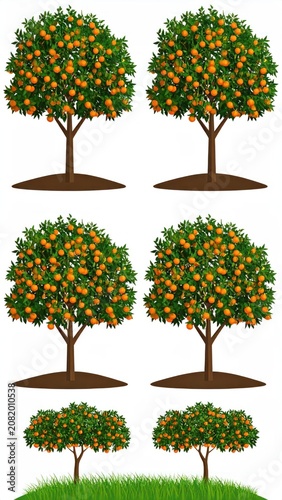 Set of orange tree illustrations with ripe fruit.