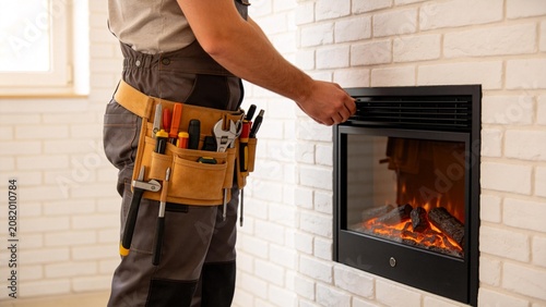 Man with tool belt adjusting fireplace