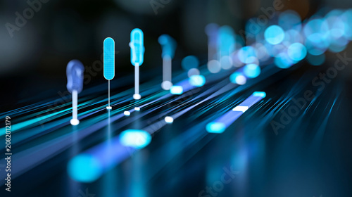 Holographic timeline with floating checkpoints and progress bars, business roadmap, growth strategy, milestone tracking, executive planning, with copy space