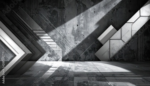 Minimalist industrial concrete room with dramatic sunlight shadows.