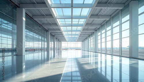 Minimalist industrial architecture interior with wide glass window walls.