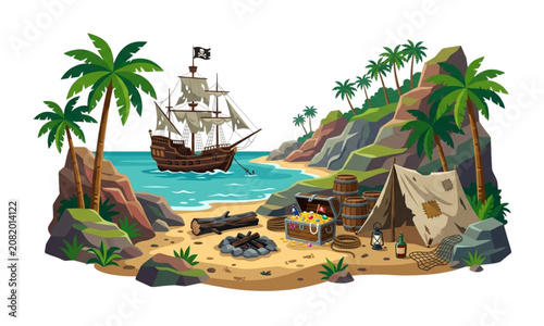 Obraz na plátně Rugged Pirate Camp on Rocky Beach with Anchored Galleon
