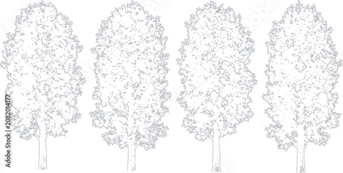 Set of four simple black line art tree illustrations for nature design projects and graphic elements