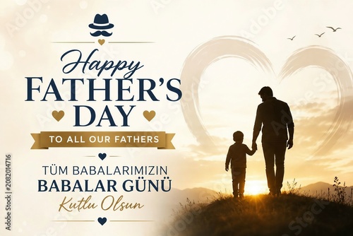 Happy Father's Day Greeting Card with Father and Child Silhouette at Sunset, Turkish Celebration Message