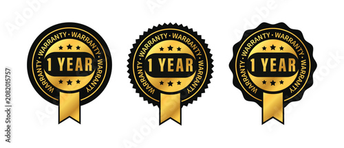 Premium luxury 1 Year warranty logo set with gold ribbon and star in circle, vector illustration.