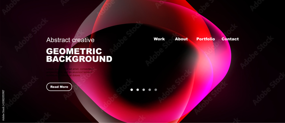 Naklejka premium Modern website design features abstract shapes, vibrant colors, dark background. Navigation includes work, about, portfolio, contact options.