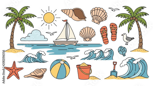 Foto A serene beach scene with 2D AutoCAD Vector illustrations of palm trees, sailboat, seashells, and beach balls on sandy shores