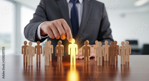 Businessman selects glowing person figure from wooden figures