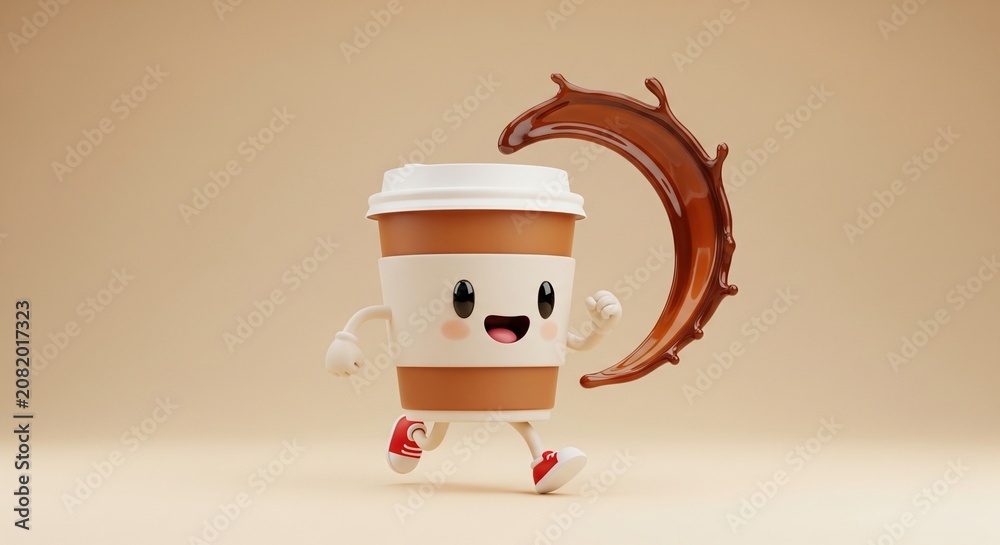 Naklejka premium Animated Coffee Cup Character Jumping with Whisking Motion in Playful 3D Style