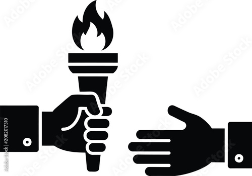 Cuadro en lienzo Black silhouette of hand passing torch to another hand isolated on white backgro