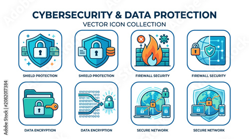 Fotografie Cybersecurity icons depict data protection concepts including encryption, firewall, and secure networks