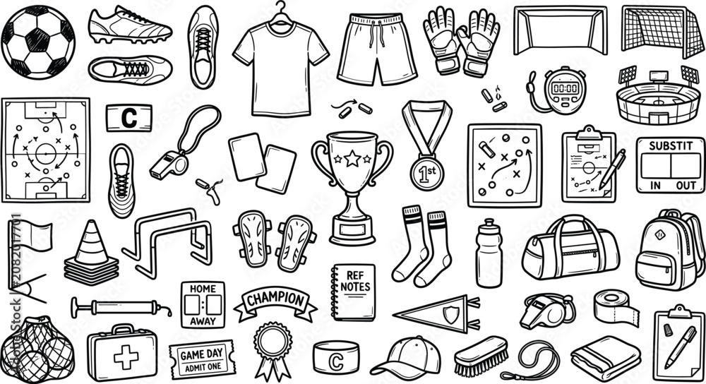 Fototapeta premium Soccer equipment and football match accessories hand drawn vector illustration set, championship training tools, stadium arena, and referee gear sketch icons collection isolated