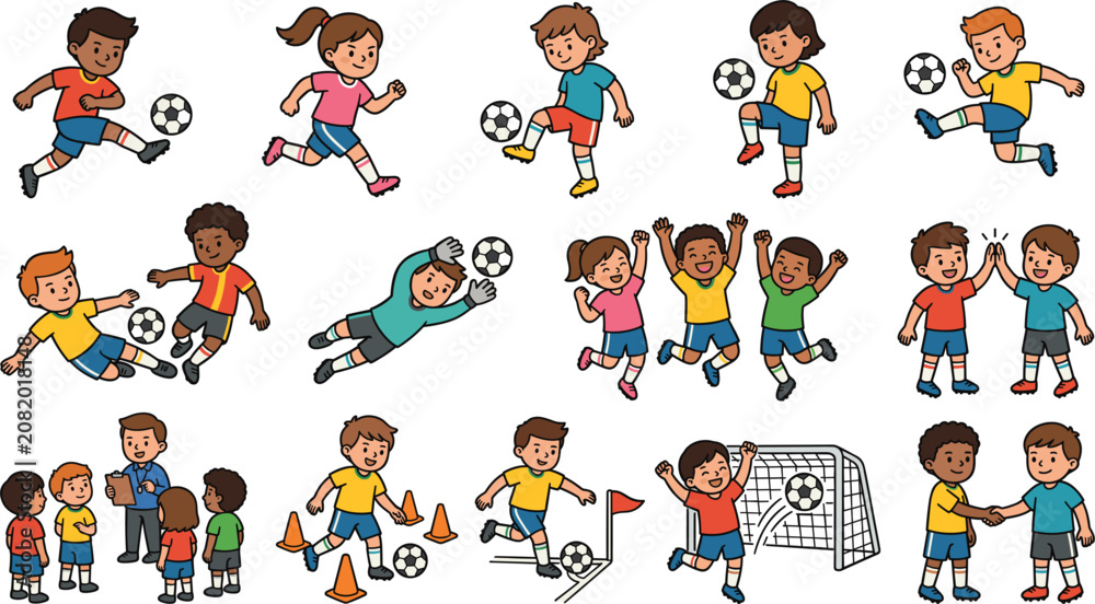Fototapeta premium Cute kids soccer player movements cartoon doodle vector illustration set, diverse children football athletes kicking, dribbling, diving goalkeeper, and celebrating victory collection isolated