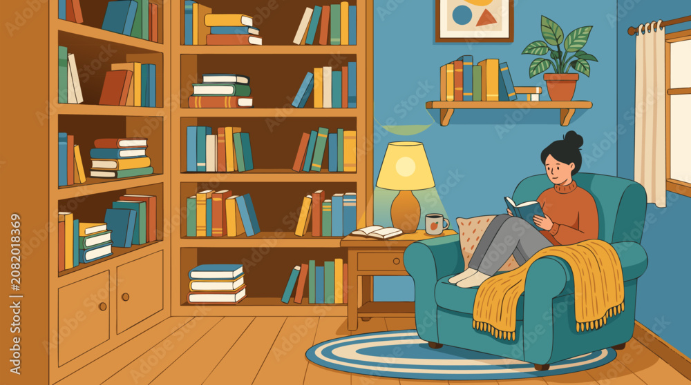 Fototapeta premium Clean flat vector illustration on a light background showing a cozy home library with a reader in an armchair, ideal for literacy, education, or relaxation promotions.