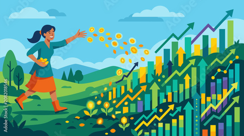 Clean flat vector illustration on a light background showing a woman sowing coins that grow into rising charts, useful for finance, investment, and prosperity themes.