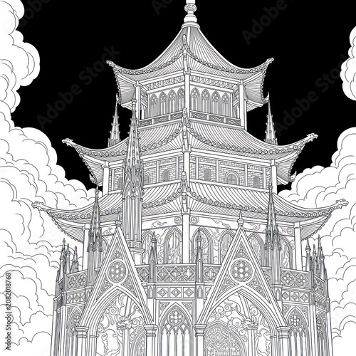 Intricate black and white line drawing of a mystical multi-tiered Asian pagoda with detailed architecture