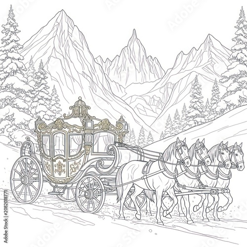 Elegant horse-drawn carriage in mountain landscape, detailed line art