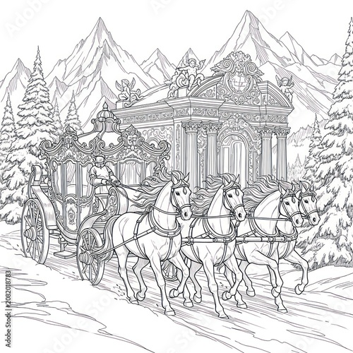 A serene winter scene featuring a horse-drawn carriage in front of a large building with mountains