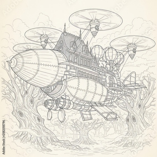 Intricate steampunk airship with detailed mechanical and gothic architecture, floating above flames and smoke, surrounded by clouds in a fantasy scene
