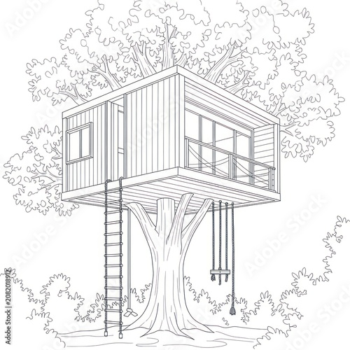 Treehouse with windows and swings built on a large tree