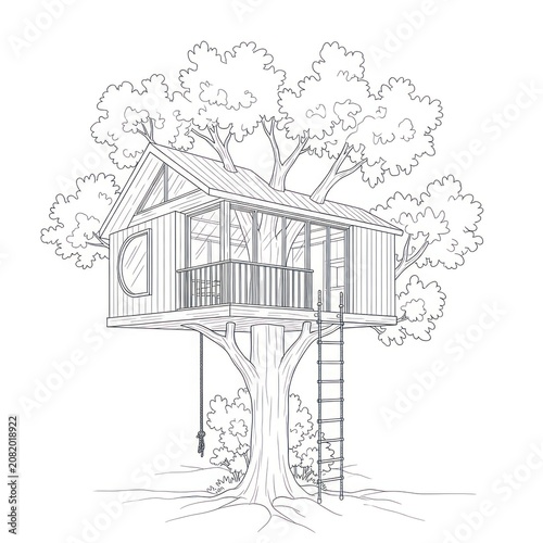 Sketch of a treehouse with a ladder in a large leafy tree