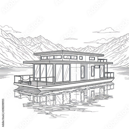 Modern lakeside house with large windows and mountain backdrop