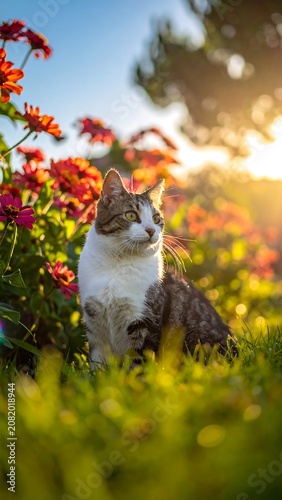 Domestic cat sitting in a garden among flowers during sunset