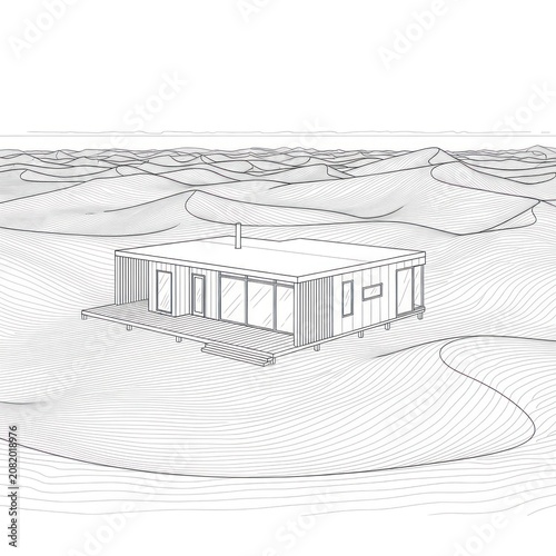 Simple modern house on flat terrain with hilly background