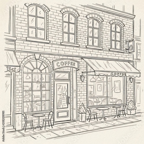 Sketch of a city coffee shop exterior with outdoor seating