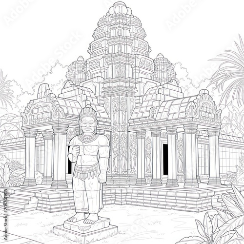Intricate line drawing of ancient temple with surrounding foliage and a guardian figure