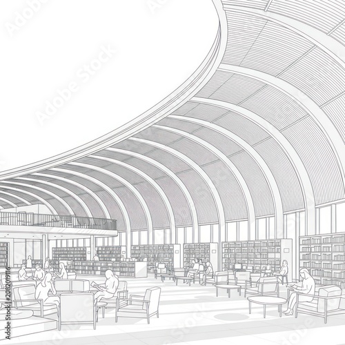 Modern airport terminal interior with spacious seating area and curved ceiling design