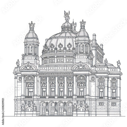 A detailed line drawing of a grand building with a central dome
