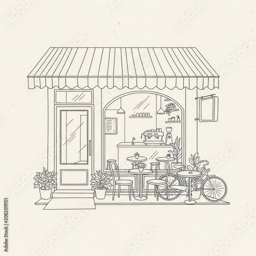 Simple line drawing of a cozy storefront with outdoor seating area
