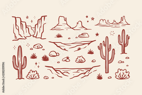Foto Set of hand drawn desert elements including cactus mountains and rocks in a simp