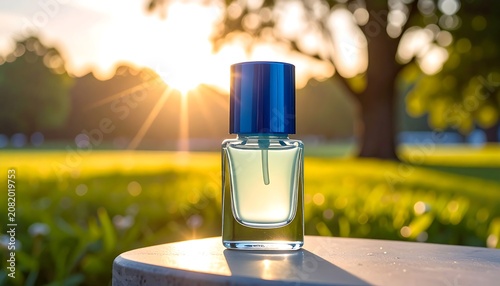 Elegant glass perfume bottle with blue cap in golden sunlight