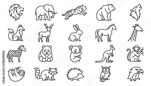 Photography Minimalist wild animal line icons, set of 20 thin stroke wildlife vector illustr