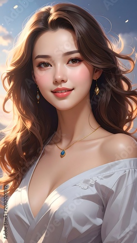 Elegant woman portrait outdoors sunny day soft lighting