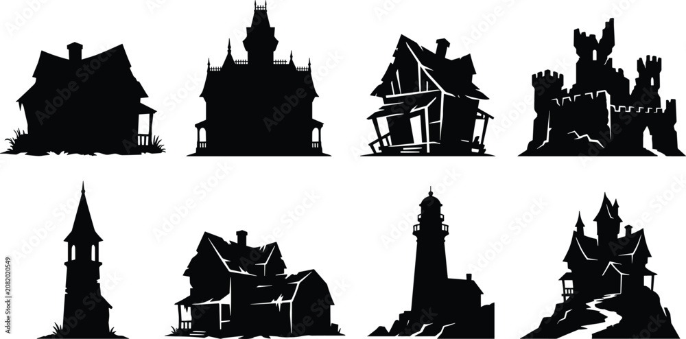 Obraz premium Vector silhouettes of spooky and gothic buildings including haunted house, castle, crooked tower, lighthouse, and eerie mansion