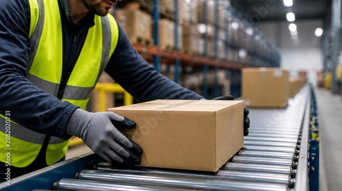 Close up of worker sorting packages on conveyor belt in warehouse