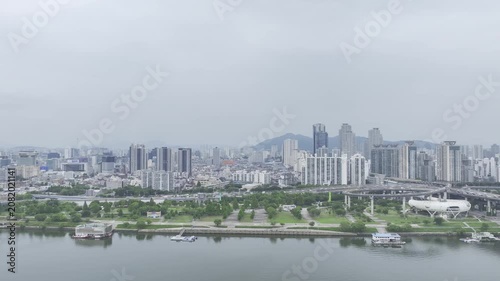 Aerial Drone View of Han River Landscape and Cityscape near Jayang Station in Seoul, South Korea