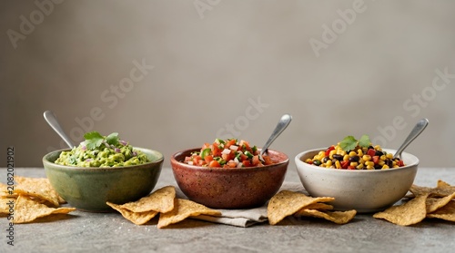 Three Delicious Bowls of Mexican Inspired Dips and Chips Arranged Artistically