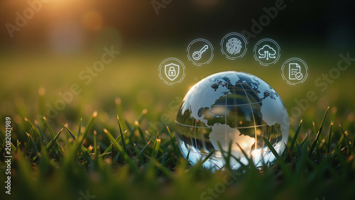 Glass globe on green grass with digital security icons, global cyber protection, data privacy and internet safety concept, technology and environment eco-friendly design