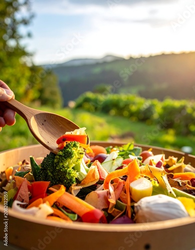 Fresh organic vegetable salad being served outdoors in sunlight