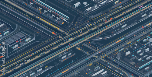 Cuadro en lienzo Intricate isometric view of a bustling urban transportation hub with intersecting railways, highways, and industrial infrastructure