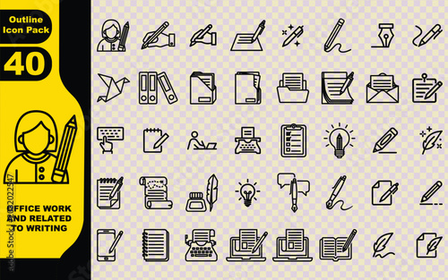 40 line-art icons related to writing, editing, and office work