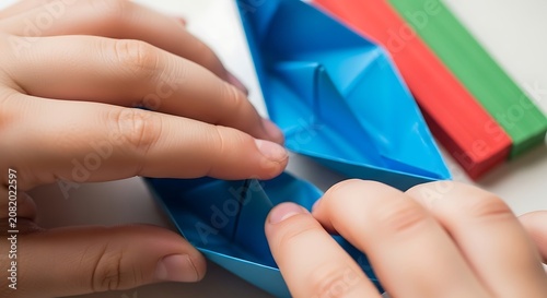 Small child hands carefully folding bright blue paper origami boats