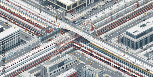 Quadro su tela Detailed isometric pixel art city scene with trains, tracks, roads, and buildings, showcasing urban transportation infrastructure